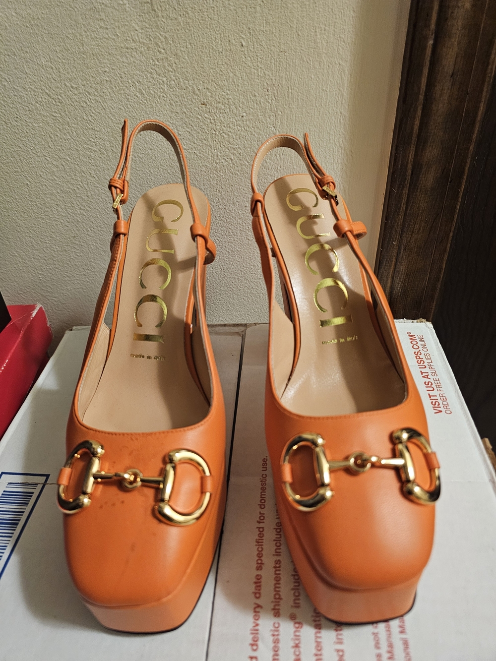 Gucci Orange Leather Platform Slingback Pumps with Gold Horsebit